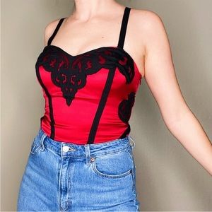 Bebe Vintage Red and Black Lace corset top